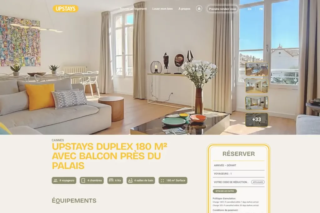 Example of an advertisement for a bright flat with balcony in Cannes, managed by Upstays, holiday rental agency in Cannes