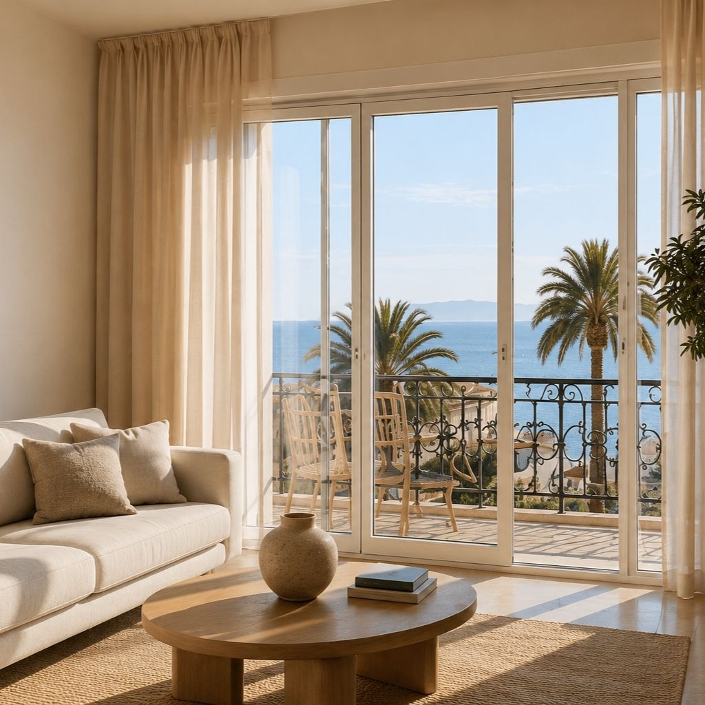 Vue d'un intérieur cosy et décoré avec goût, à la Méditerranéenne. Baie vitrée avec vue sur les palmiers et la mer